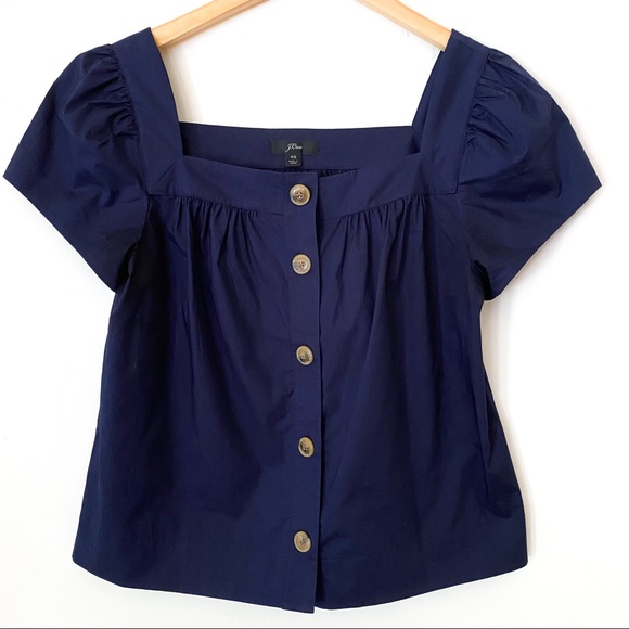 J. Crew Tops - J CREW Point Sur Button Front Square Neck Top Cotton Poplin Classy Navy